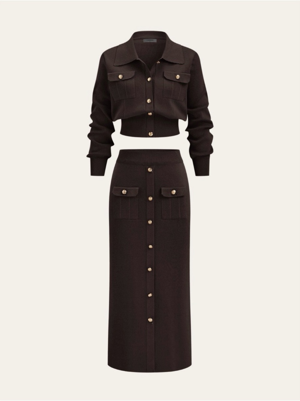 Commense Metal Button Collared Cardigan and Midi Skirt Set